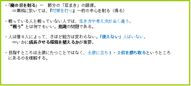 ・「魔の目を射る」…　節分の「豆まき」の語源。⇒業務に於いては、『対策を打つ』…的の中心を射る（得る）・戦っている人と戦っていない人では、生き方や考え方が全く違う。“戦う”とは何でもいい。意識の問題である。・人は個々人によって、さほど能力は変わらない。「使えない」人はいない。⇒いかに成長させる環境を整えるかが重要。・目指すところは土俵にたつことではなく、土俵に立ち１・２位を勝ち取るというところにあるのを理解する。