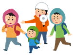 避難する人と避難誘導する人のイラスト